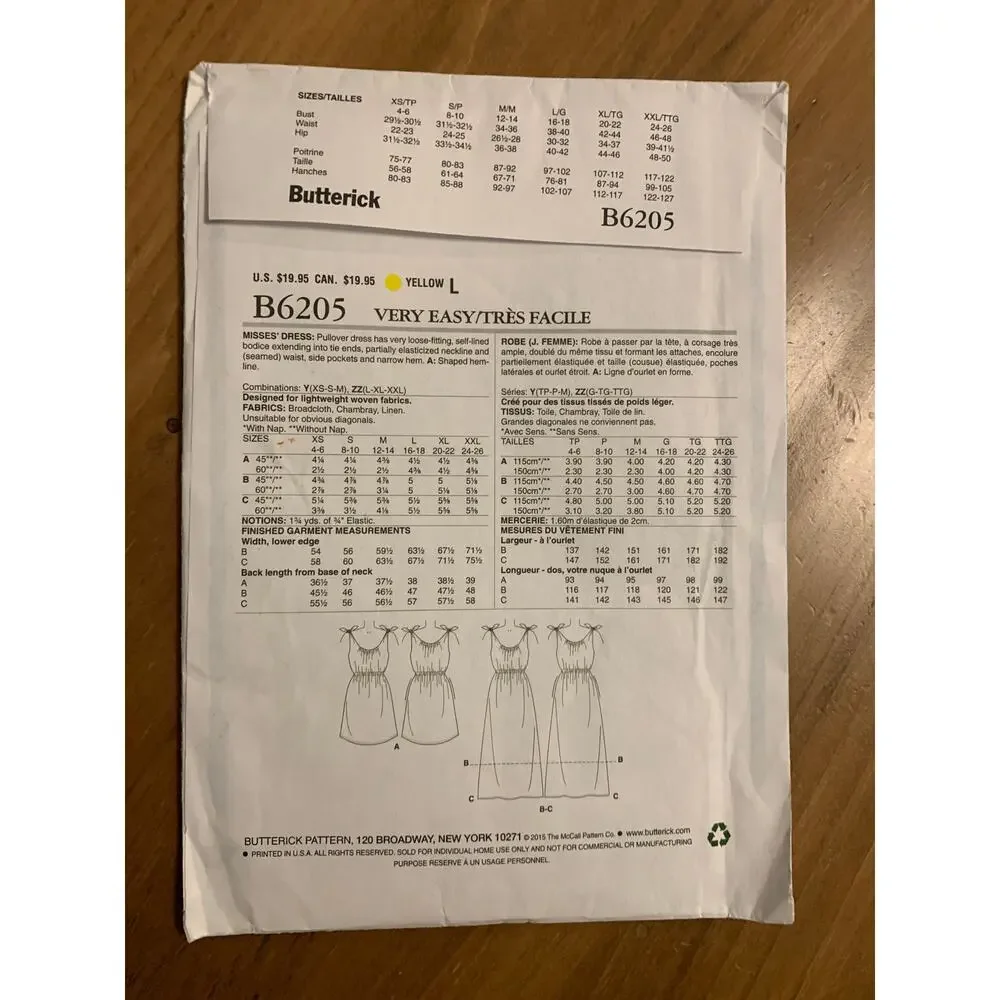 Butterick B6205 Pattern Fast & Easy Dress Tie Shoulder Size Lrg/Zlg/XXL